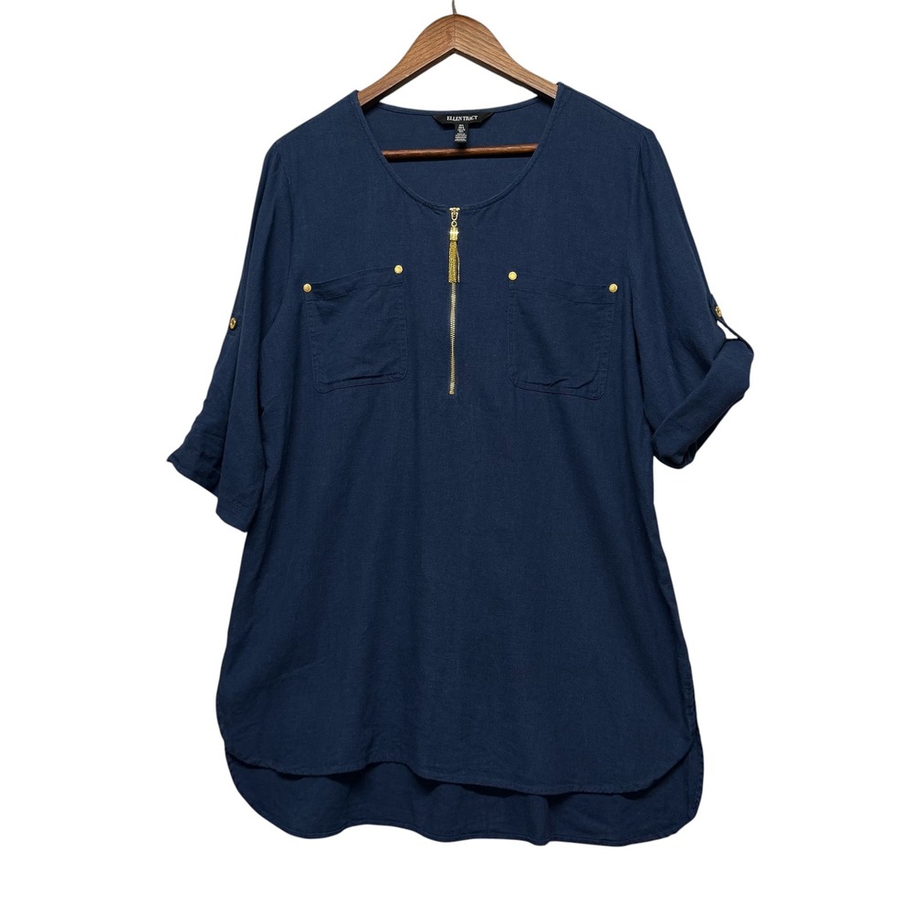 Womens L Tunic Top Navy Blue Linen Blend Half Zip Tassel Roll Tab Top Minimalist